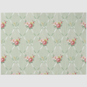 Pink Vintage Flowers on Green Ribbon Trellis Tissu Tissue Paper