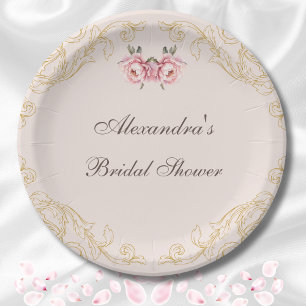 Pink Vintage Flowers Rococo Peony Bridal Shower Paper Plate