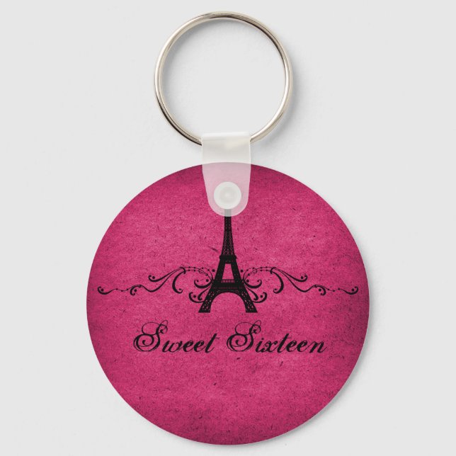 Pink Vintage French Flourish Sweet 16 Keychain (Front)