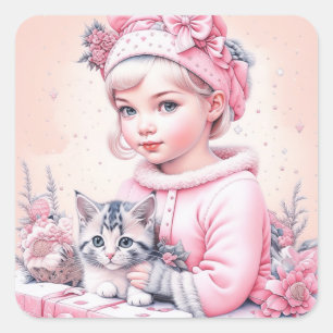 Pink Vintage Girl and Kitten Christmas Square Sticker