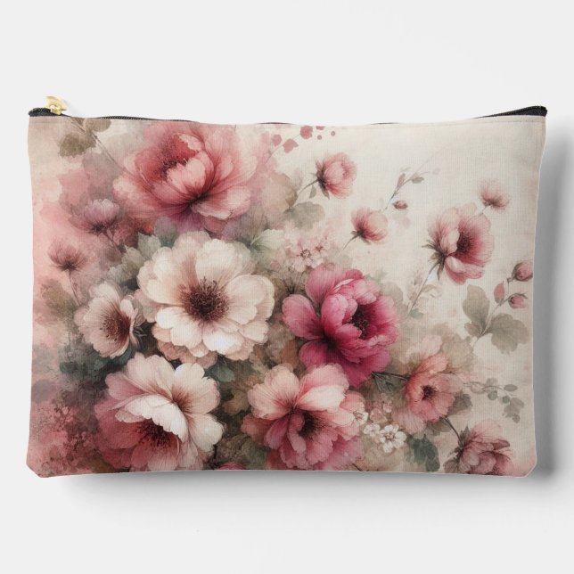 Pink Vintage Inspired Floral Accessory Pouch (Front)
