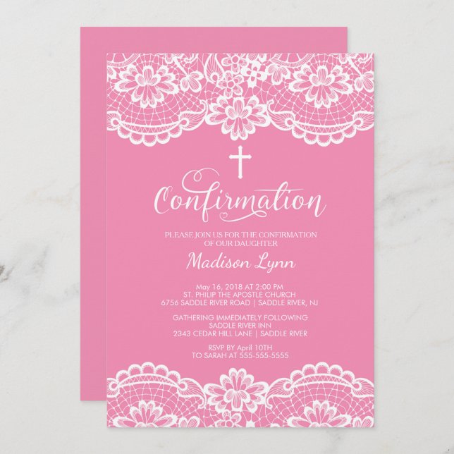 Pink Vintage Lace Confirmation Invitation (Front/Back)