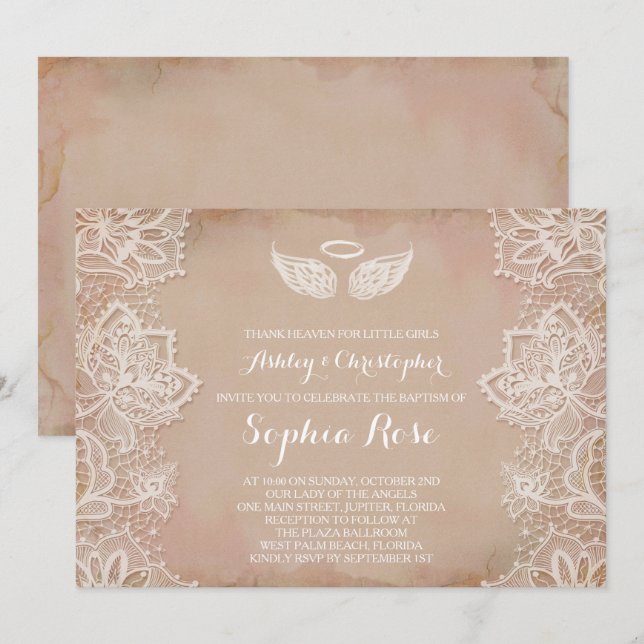 Pink Vintage Lace Religious Invitation (Front/Back)