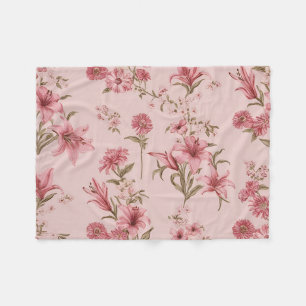 Pink Vintage Lillies Floral Cottagecore Fleece Blanket