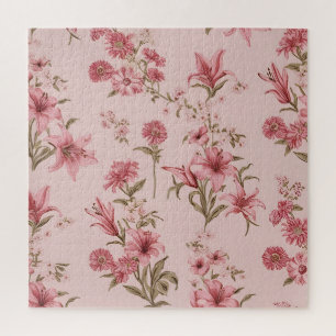 Pink Vintage Lillies Floral Cottagecore Jigsaw Puzzle
