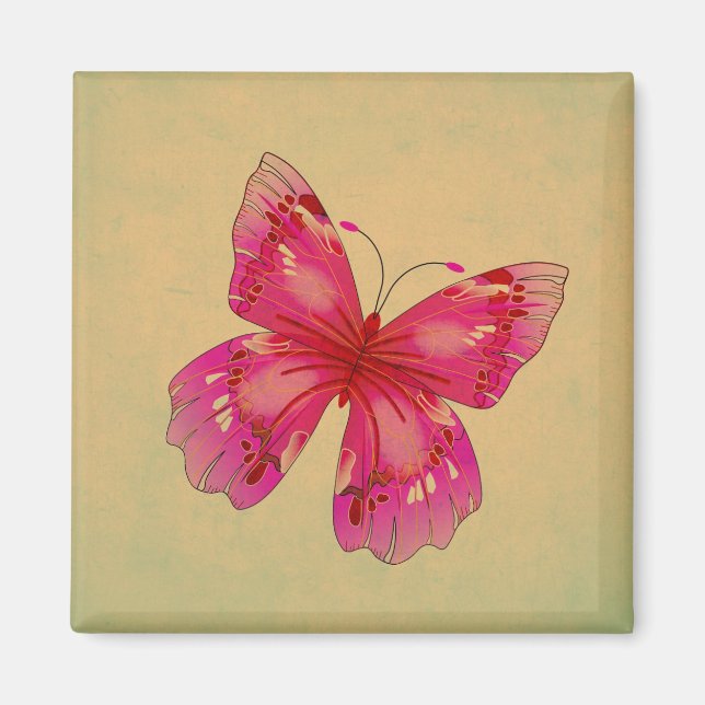 Pink vintage oriental butterfly art magnet (Front)