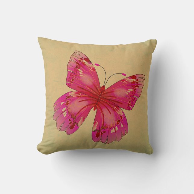 Pink vintage oriental butterfly art throw pillow (Front)
