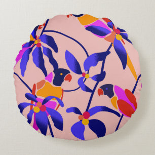 Pink Vintage Parrots: Exotic Seamless Illustration Round Pillow