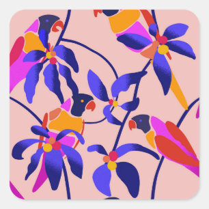 Pink Vintage Parrots: Exotic Seamless Illustration Square Sticker