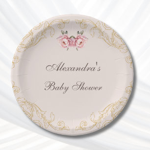 Pink Vintage Peony Rococo Flowers Baby Shower Paper Plate