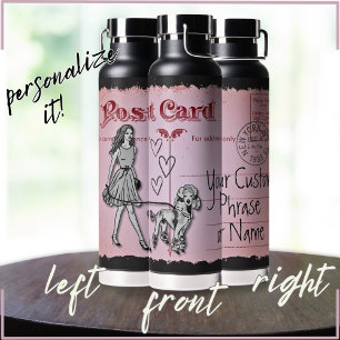 Pink Vintage Postcard Woman and Poodle Love  Water Bottle