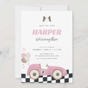 Pink Vintage Race Car Girl Birthday Invite 
