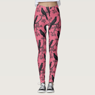 Pink Vintage Raven Birds Pattern Leggings
