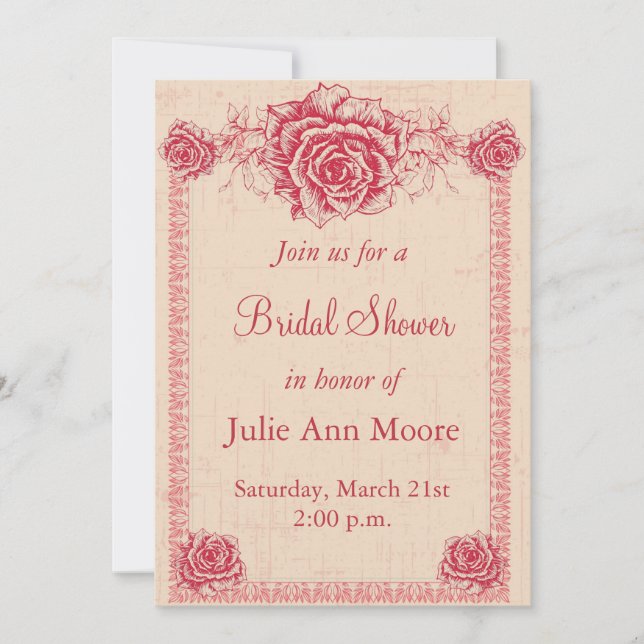 Pink Vintage Rose Border Bridal Shower Invitation (Front)