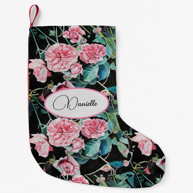 Pink Vintage Rose Flowers Floral Name Stocking (Front)