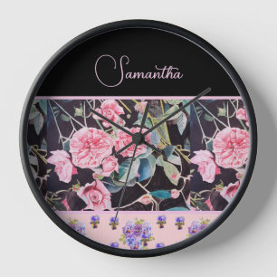Pink Vintage Rose Roses Watercolor Customizable Clock
