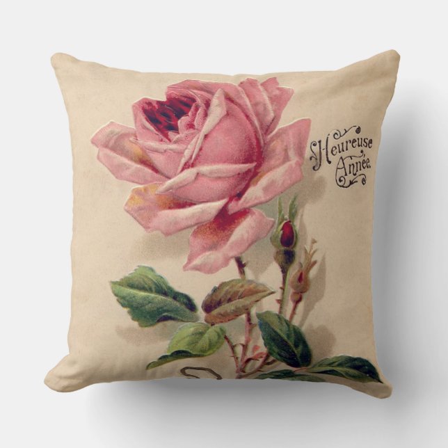 Pink Vintage Rose Throw Pillow (Front)