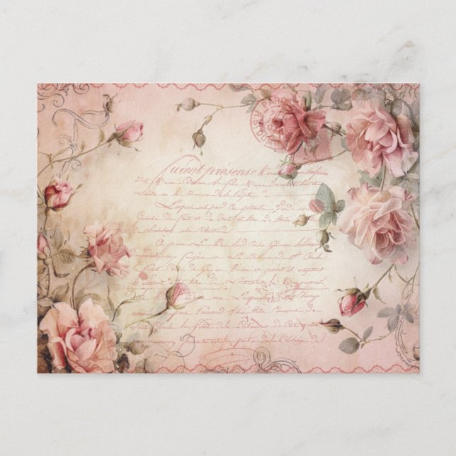 Pink Vintage Roses Decoupage Pattern  Postcard (Front)