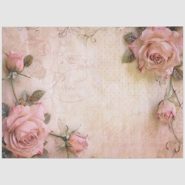 Pink Vintage Roses Decoupage Pattern Tissue Paper (Front)