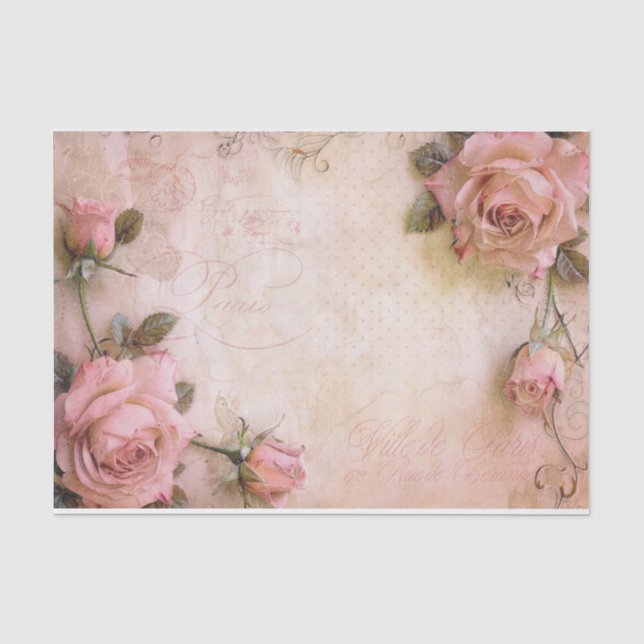 Pink Vintage Roses Decoupage Pattern Tissue Paper (Front)