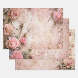 Pink Vintage Roses Decoupage Pattern Wrapping Paper Sheet