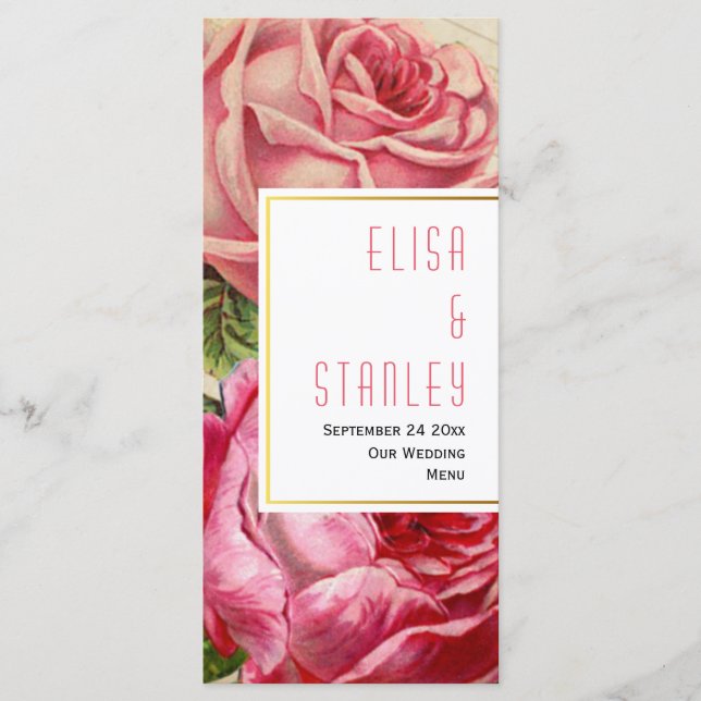 Pink vintage roses floral wedding menu card (Front)