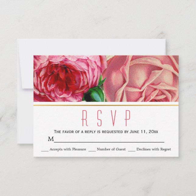 Pink vintage roses floral wedding RSVP response (Front)