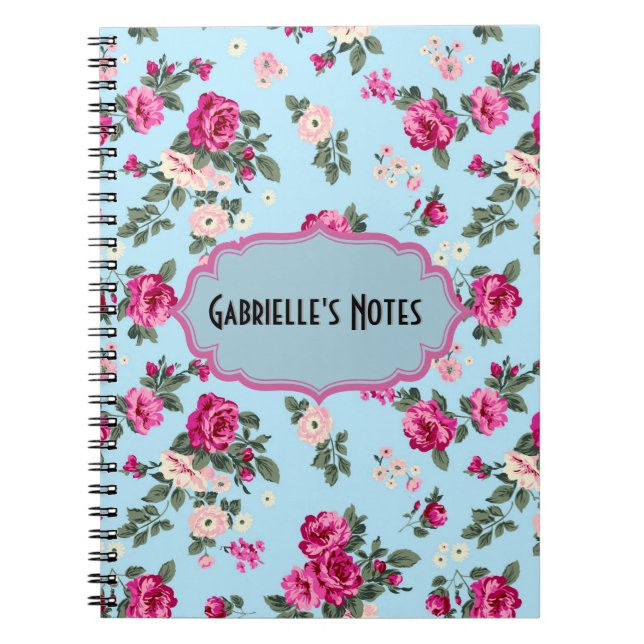 Pink Vintage Roses On Blue Background Notebook (Front)