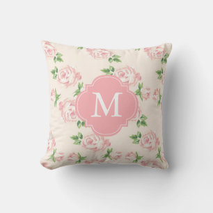 Pink Vintage Roses Pattern Monogrammed Throw Pillow