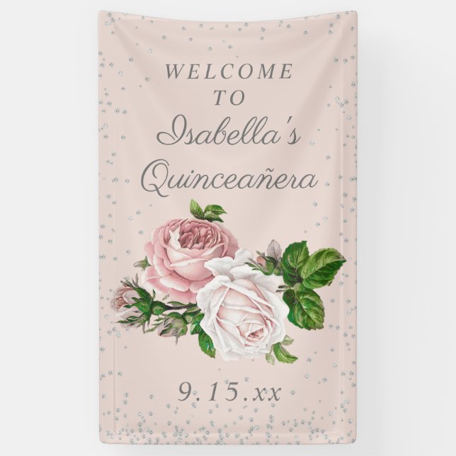 Pink Vintage Roses Quinceañera Welcome Banner (Vertical)