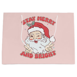 Pink Vintage Santa "Stay Merry and Bright" Xmas  Large Gift Bag