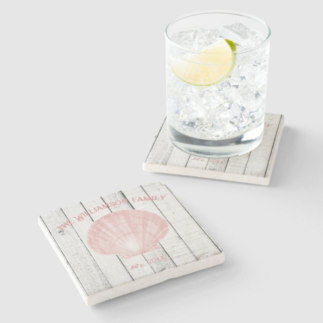 Pink Vintage Scallop Shell Stone Coaster (Side)