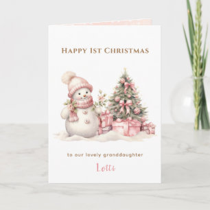 Pink Vintage Snowman Girl First Christmas Folded Card