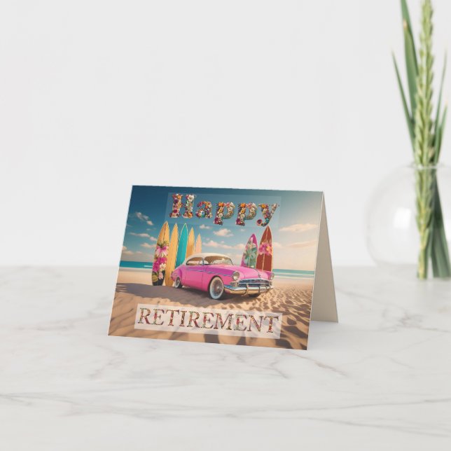 Pink vintage sports car Happy Retirement Card (Front)