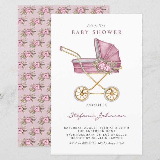 Pink Vintage Stroller Baby Shower Invitation (Front/Back)