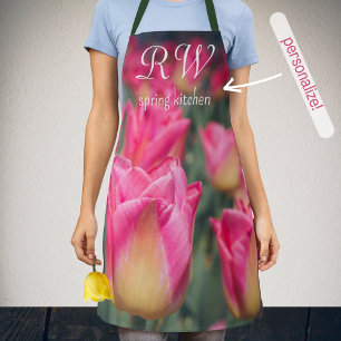 Pink vintage style spring tulips  apron