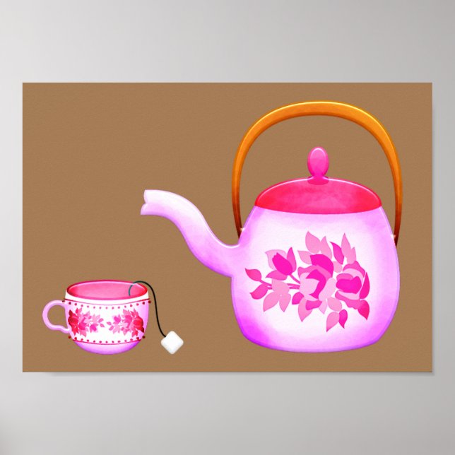 Pink Vintage teapot art illustration Poster (Front)