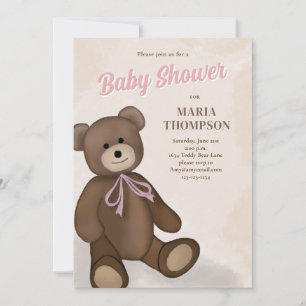 Pink Vintage Teddy Bear Custom Baby Shower Invitation