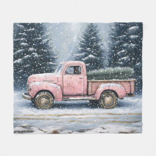Pink Vintage Truck Hauling a Christmas Tree Fleece Blanket