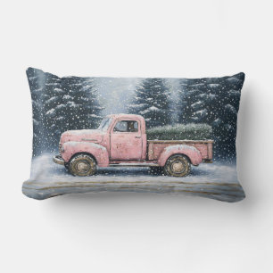 Pink Vintage Truck Hauling a Christmas Tree Lumbar Pillow