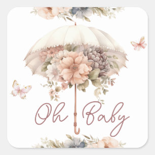 Pink Vintage Umbrella Girl Baby Shower Square Sticker
