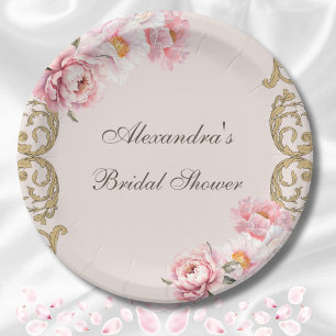 Pink Vintage Victorian Floral Peony Bridal Shower Paper Plate