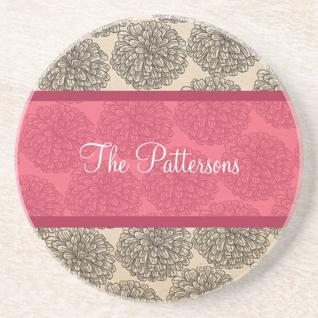 Pink Vintage Zinnia Coaster (Front)