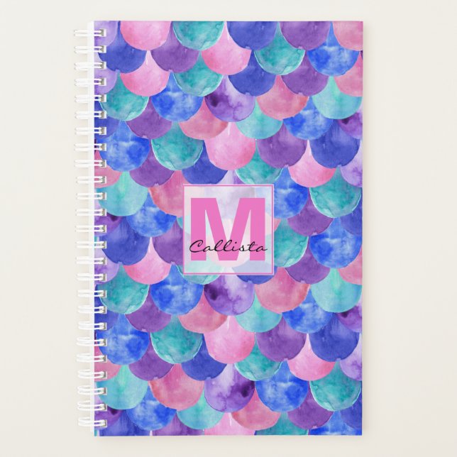 Pink violet bleu Aquarelle Échelle de sirène Monog (Devant)