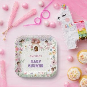 Pink Violet Fairy Baby Girl Shower Floral Forest Paper Plate