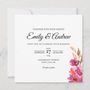 Pink Violet Floral Watercolor Square Wedding Invitation