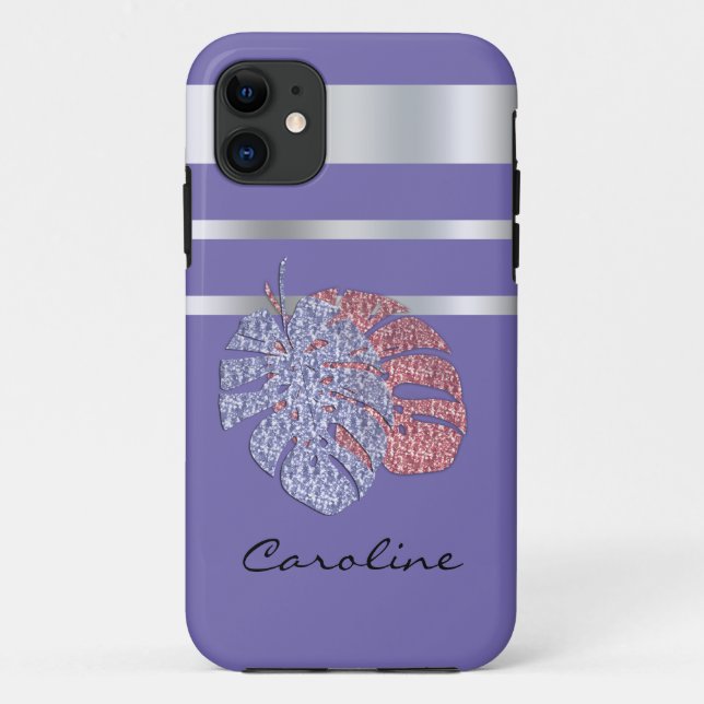 Pink violet glitter shine monstera tropical leaves Case-Mate iPhone case (Back)