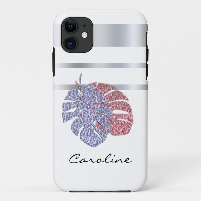 Pink violet glitter shine monstera tropical leaves Case-Mate iPhone case (Back)
