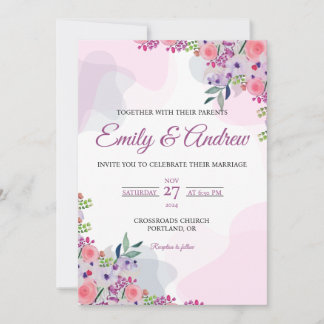 Pink Violet Pastel Floral Watercolor Wedding Invitation