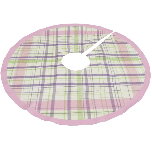 Pink Violet Purple Lime Green Plaid Pattern Brushed Polyester Tree Skirt (Angled)